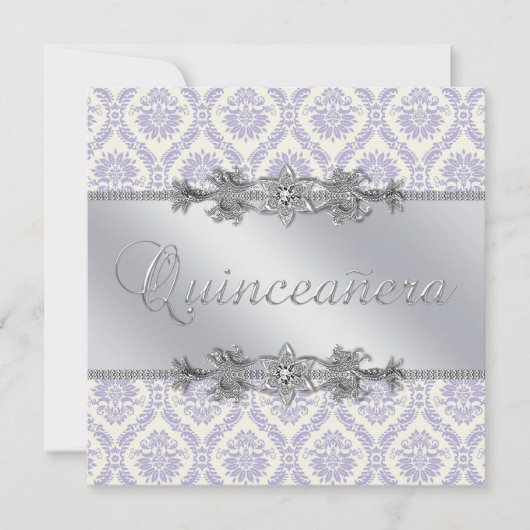 Zilveren Paarse Damast Quinceanera Kaart (Voorkant)
