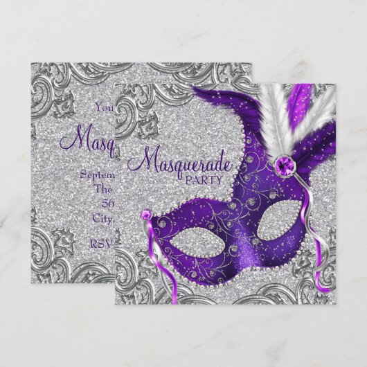 Zilveren Paarse en Roze Masquerade Party Kaart (Voorkant / Achterkant)