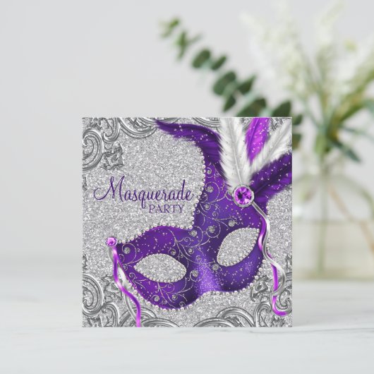 Zilveren Paarse en Roze Masquerade Party Kaart (Staand voorkant)