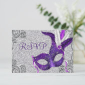 Zilveren Paarse en Roze Masquerade Party RSVP (Staand voorkant)