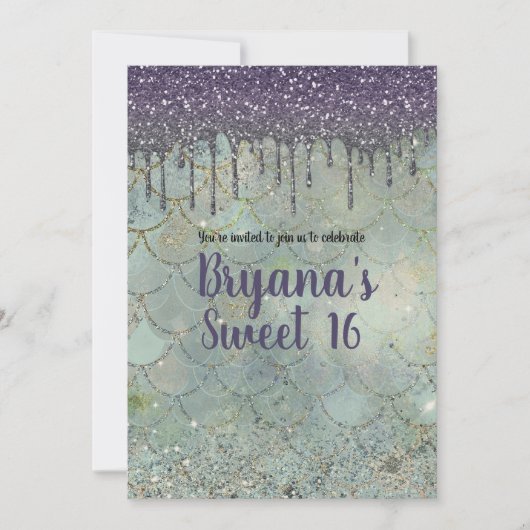 Zilveren Paarse Glitter Drip Zeemeermin Sweet 16 P Kaart (Voorkant)