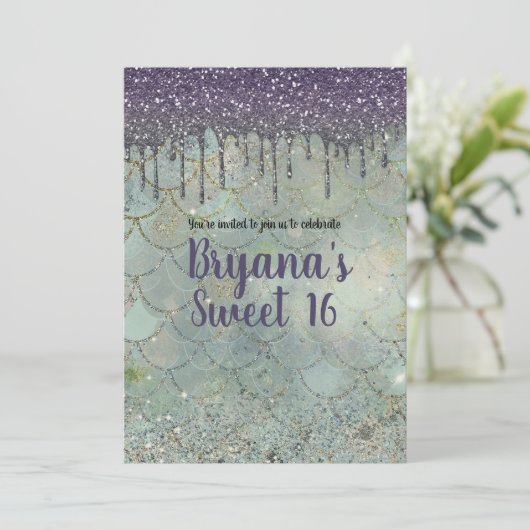 Zilveren Paarse Glitter Drip Zeemeermin Sweet 16 P Kaart (Staand voorkant)