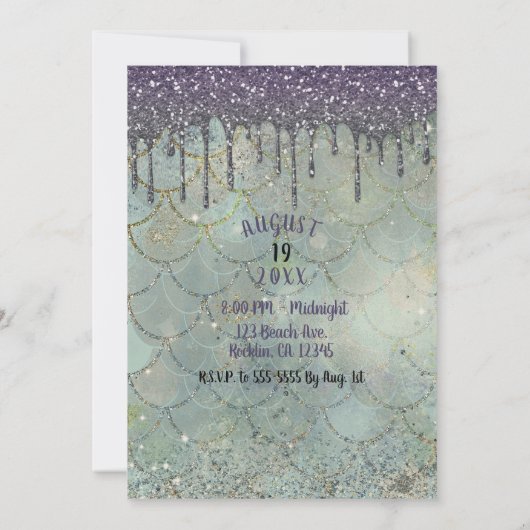Zilveren Paarse Glitter Drip Zeemeermin Sweet 16 P Kaart (Achterkant)