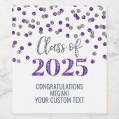 Zilveren Paarse Glitter Klasse van 2025 Afstuderen Wijn Etiket (Enkel label)