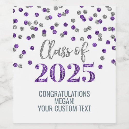 Zilveren Paarse Glitter Klasse van 2025 Afstuderen Wijn Etiket (Enkel label)