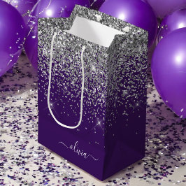 Zilveren Paarse Glitter Meisjesachtige Monogram Na Medium Cadeauzakje