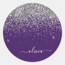 Zilveren Paarse Glitter Meisjesachtige Monogram Na Ronde Sticker
