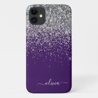 Zilveren Paarse Glitter Meisjesnaam met Monogram