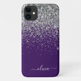 Zilveren Paarse Glitter Meisjesnaam met Monogram Case-Mate iPhone Case