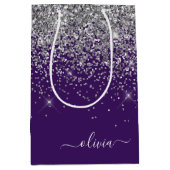 Zilveren Paarse Glitter Meisjesnaam Monogram Medium Cadeauzakje (Voorkant)