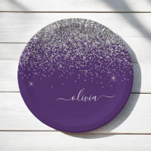 Zilveren Paarse Glitter Meisjesnaam Monogram