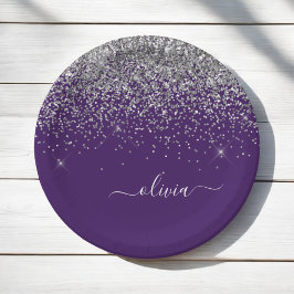 Zilveren Paarse Glitter Meisjesnaam Monogram Papieren Bordje