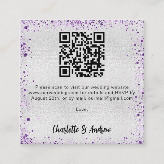 Zilveren paarse glitter QR code bruiloft RSVP Informatiekaartje (Voorkant)