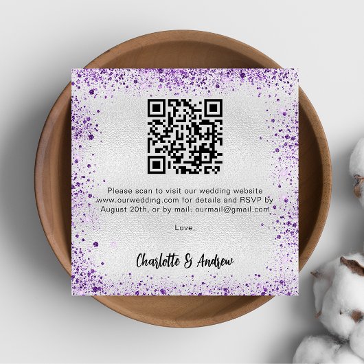 Zilveren paarse glitter QR code bruiloft RSVP Informatiekaartje
