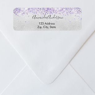 Zilveren paarse glitters glans retouradres etiket