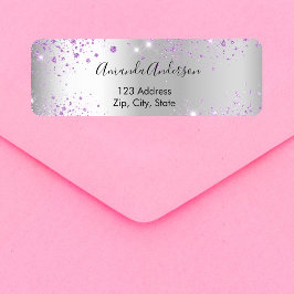 Zilveren paarse glitters retouradres etiket