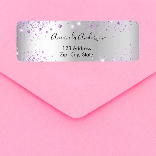 Zilveren paarse glitters retouradres etiket