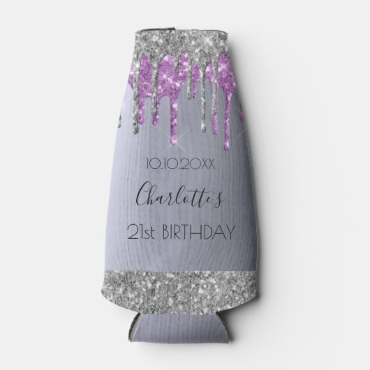 Zilveren paarse glitterslijpsels voor verjaardag flesjeskoeler (Voorkant)