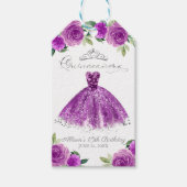 Zilveren Paarse Gown Bloemen Quinceanera Party Cadeaulabel (Voorkant)