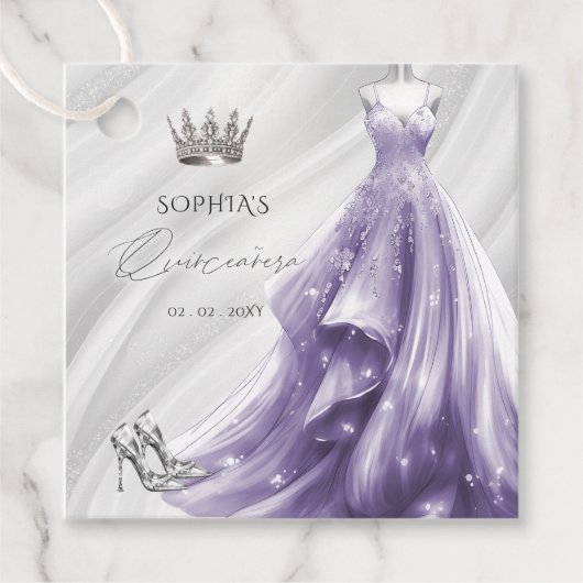 Zilveren Paarse Jurk Prinses Quinceañera Bedankjes Labels (Voorkant)