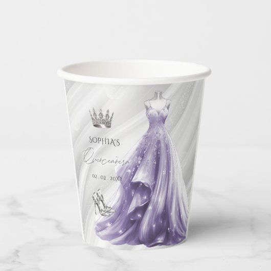 Zilveren Paarse jurk Prinses Quinceañera Classic Papieren Bekers (Voorkant)