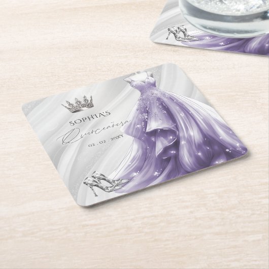 Zilveren Paarse Jurk Prinses Quinceañera Kartonnen Onderzetters (Schuin)