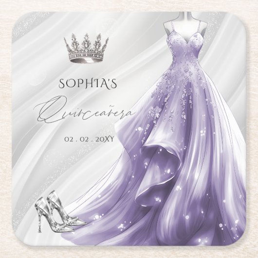 Zilveren Paarse Jurk Prinses Quinceañera Kartonnen Onderzetters (Voorkant)
