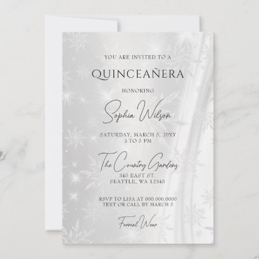 Zilveren Paarse Jurk Winter Sneeuwvlokken Quinceañ Kaart (Achterkant)