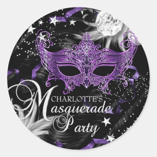 Zilveren Paarse Masker Star Night Masquerade Stick Ronde Sticker (Voorkant)