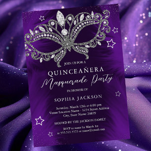 Zilveren Paarse Masquerade Masker Ster Quinceanera Folie Uitnodiging