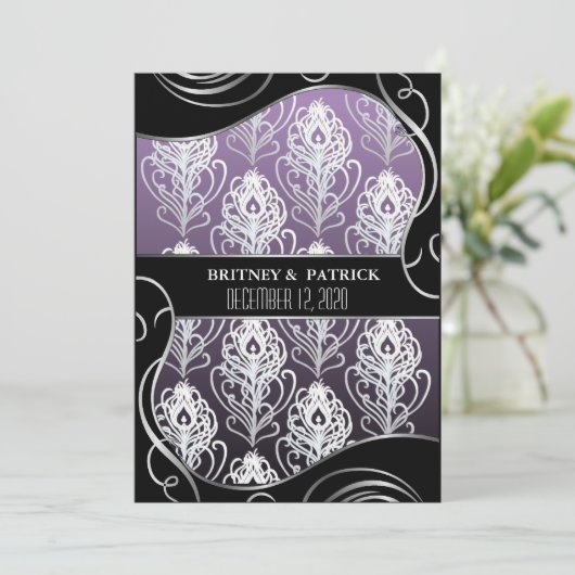 Zilveren Paarse Peacock-feetherweddenschappen Kaart (Staand voorkant)