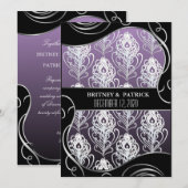 Zilveren Paarse Peacock-feetherweddenschappen Kaart (Voorkant / Achterkant)