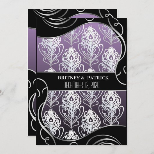 Zilveren Paarse Peacock-feetherweddenschappen Kaart (Voorkant / Achterkant)