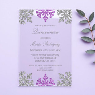 Zilveren Paarse Sneeuwvlok Winter Quinceanera Acryl Uitnodigingen