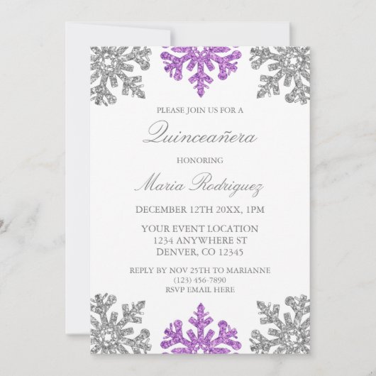 Zilveren Paarse Sneeuwvlok Winter Quinceanera Kaart (Voorkant)