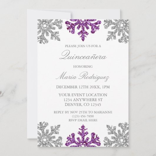 Zilveren Paarse Sneeuwvlok Winter Quinceanera Kaart (Voorkant)