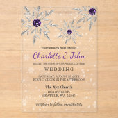 Zilveren Paarse sneeuwvlokken Winterbruiloft Acryl Uitnodigingen (Voorkant)