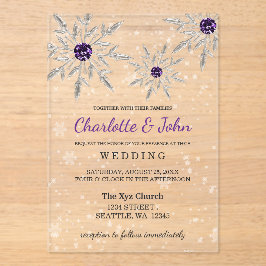 Zilveren Paarse sneeuwvlokken Winterbruiloft Acryl Uitnodigingen