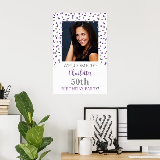 Zilveren Paarse Verjaardagsfeestje Custom 20x30 Fo Poster (Thuiskantoor)