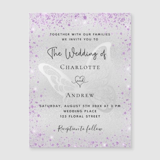 Zilveren paarse vlinderbruinbruiloft magnetische uitnodiging (Voorkant)