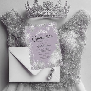 Zilveren Paarse Winter Sneeuwvlok Quinceanera Folie Uitnodiging