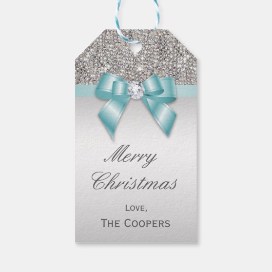 Zilveren pailletten Blauwe Diamant Bow Kerstmis Cadeaulabel (Achterkant)