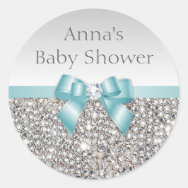 Zilveren pailletten Blauwgroen Bow Diamond Baby sh Ronde Sticker