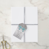 Zilveren pailletten Blauwgroen Diamond Bow Baby sh Cadeaulabel (Met Touw)