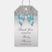 Zilveren pailletten Blauwgroen Diamond Bow Baby sh Cadeaulabel (Achterkant)