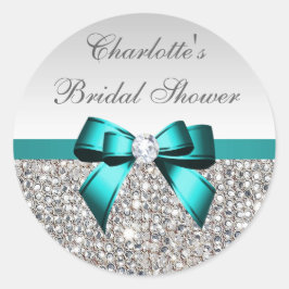 Zilveren pailletten Blauwgroen Diamond Bow Vrijgez Ronde Sticker