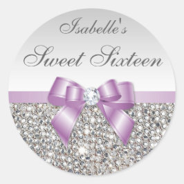 Zilveren pailletten Lila Bow Diamond Sweet Sixteen Ronde Sticker
