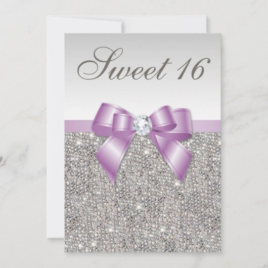 Zilveren pailletten Lila Faux Bow Sweet 16 Kaart (Voorkant)
