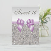 Zilveren pailletten Lila Faux Bow Sweet 16 Kaart (Staand voorkant)
