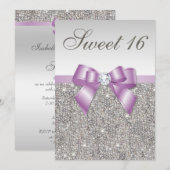 Zilveren pailletten Lila Faux Bow Sweet 16 Kaart (Voorkant / Achterkant)